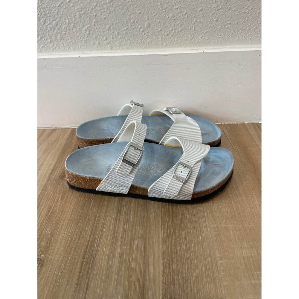 Birki's Birkenstock Blue White Stripe Aziza Double Strap Sandals Women’s Size 6